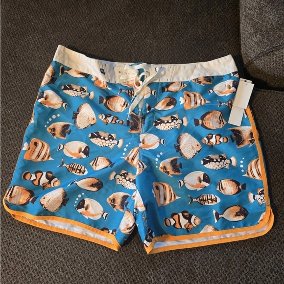 Sperry  Sider Swim Trunks Men 38 Blue Orange Fish Graphic Board Shorts New Ocean - Picture 4 of 14